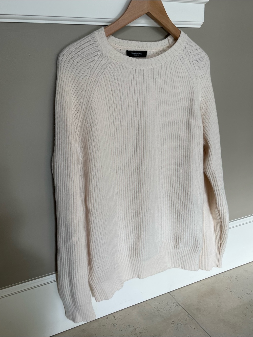 Massimo Dutti Off-White Ribbed Crewneck Sweater - Wool & Cashmere